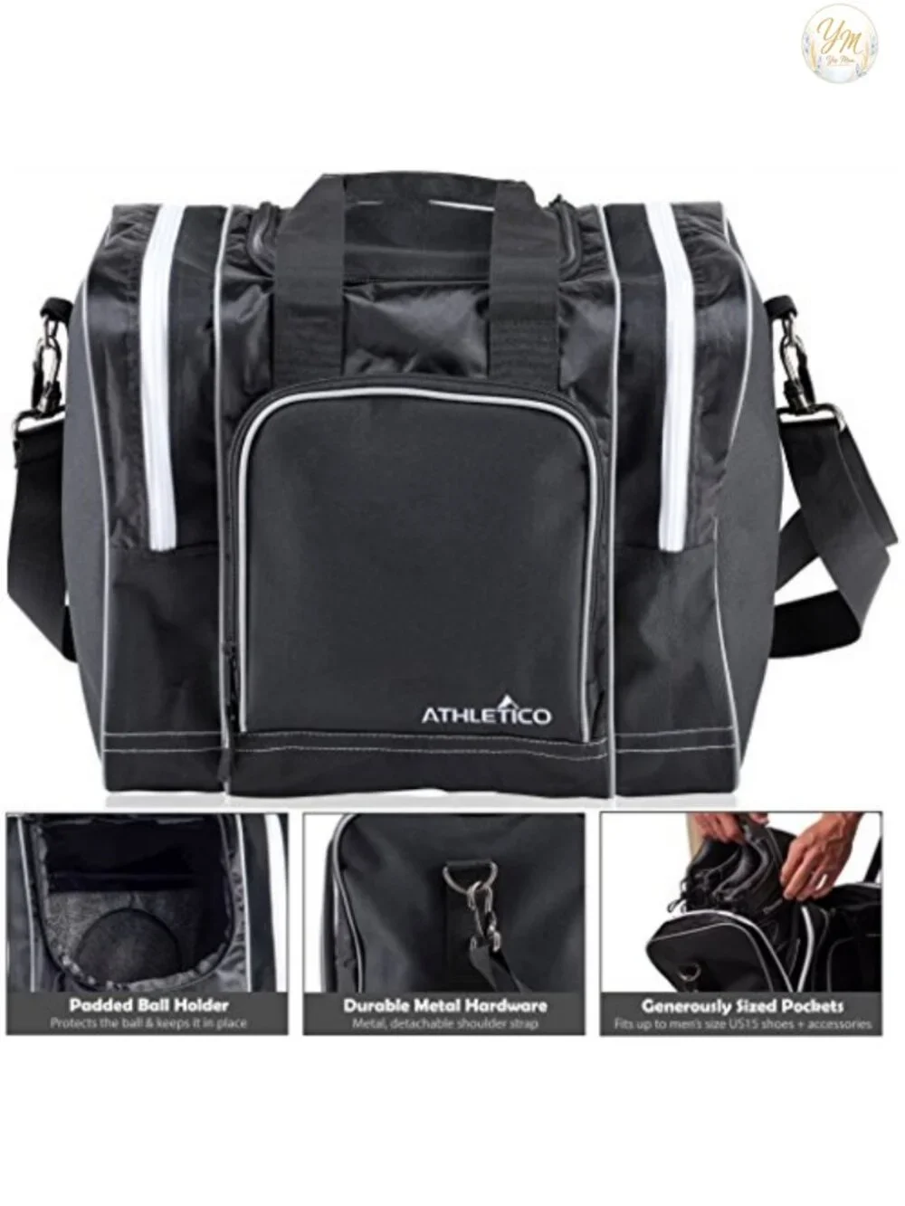 Bowling Tote Bag with Padded Ball Holder, Fits Shoes Up to Size 15